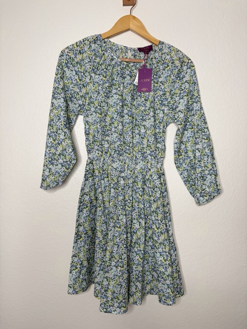 NWT J. Crew Palermo Smocked Waist Mini Dress Blue Green Floral Liberty Size XXS